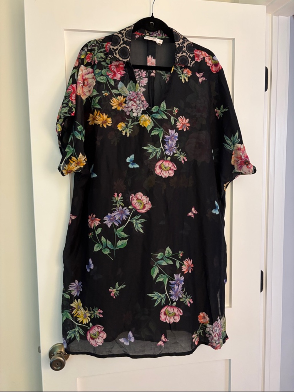 Johnny Was Black Floral V-Neck Tunic with Multicolor Blooms